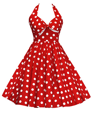   White Dress on Black And White Polka Dot Swing Dress With Red Trim